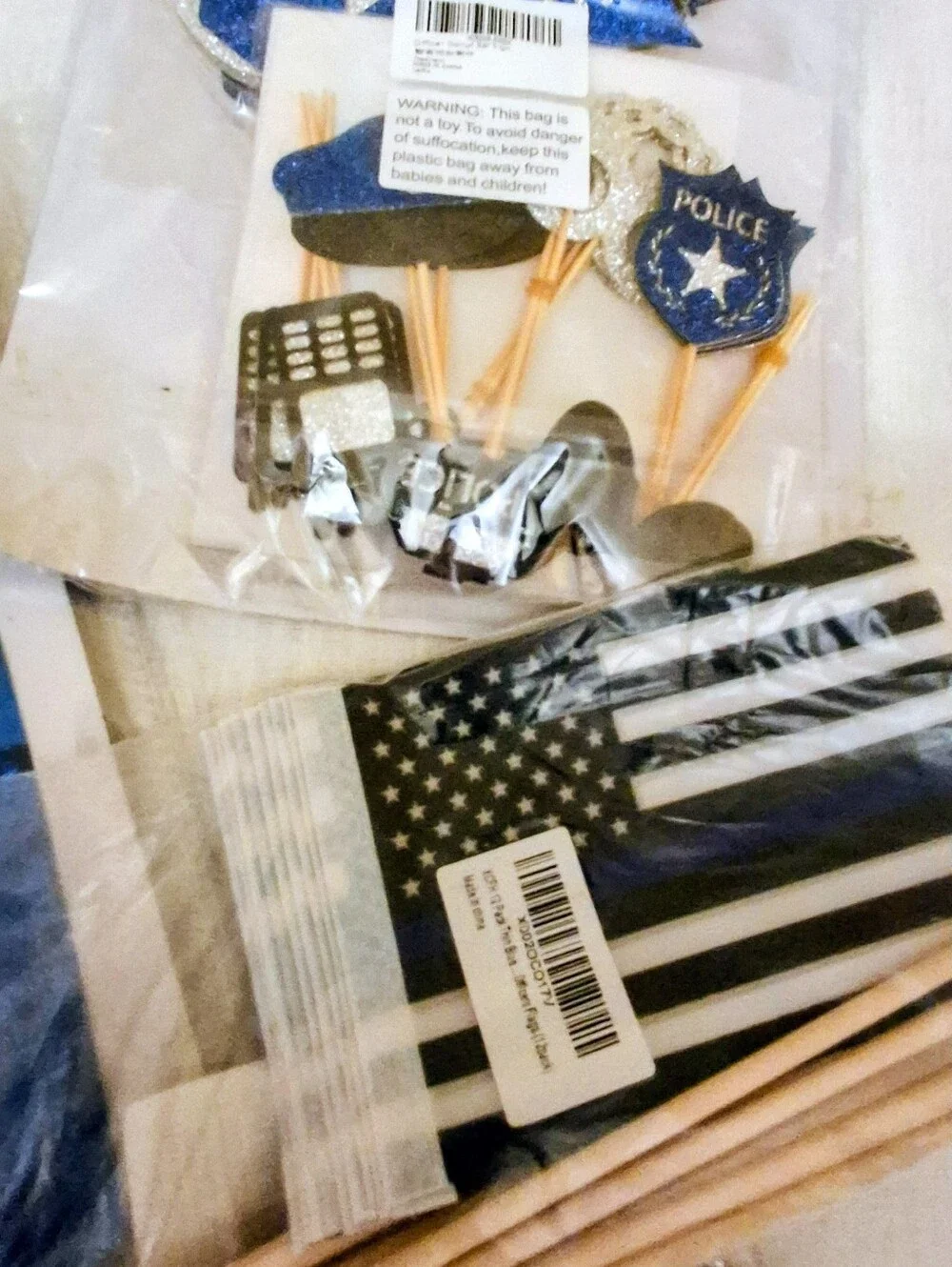 Party Supplies Huge Lot Policeman- Badges Handcuffs, Crime Tape, Flags, Banners